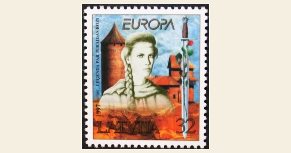 Selo postal letão EUROPA de 1997, Lenda da Rosa de Turaida, desenho de Juris Utāns
