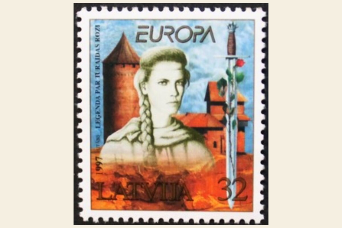 Selo postal letão EUROPA de 1997, Lenda da Rosa de Turaida, com desenho de Juris Utāns