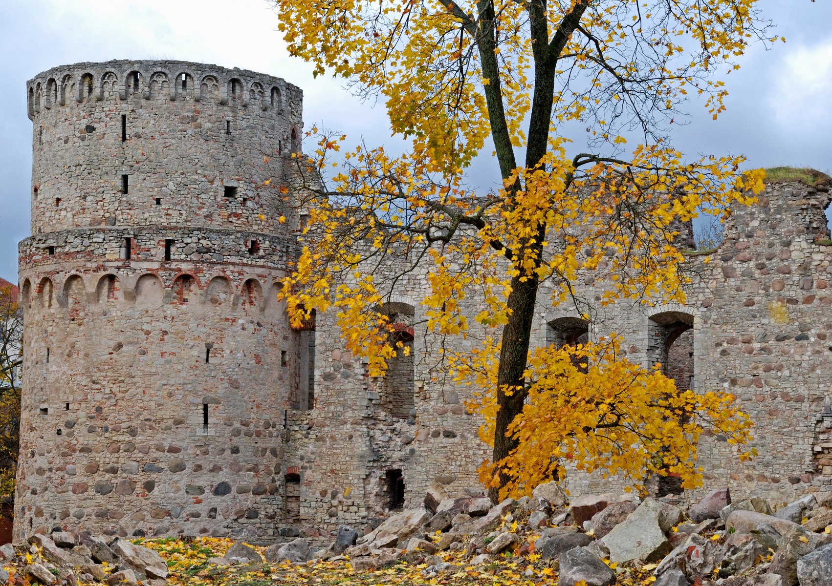Muralhas de pedra do castelo de Cēsis emolduradas por folhas douradas de outono