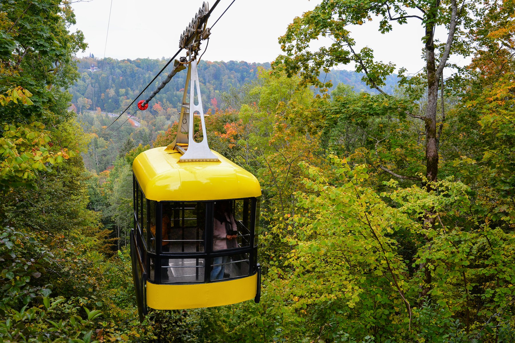 O teleférico de Sigulda a atravessar o Vale da Gauja, Letónia