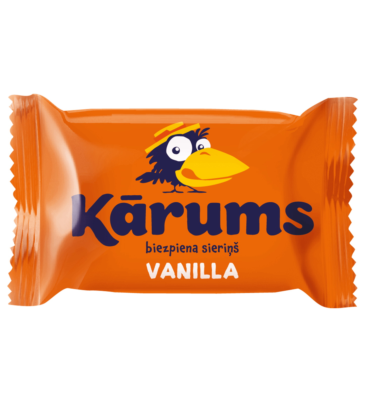 Kārums biezpiena sieriņš de baunilha, a barra letã de requeijão sem chocolate na sua embalagem cor de laranja com o logótipo do corvo de banda desenhada
